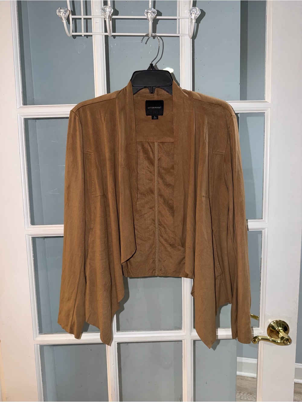 Liverpool Los Angeles Brown Faux Suede Open Front Draped Cardigan Jacket Large - Picture 2 of 13